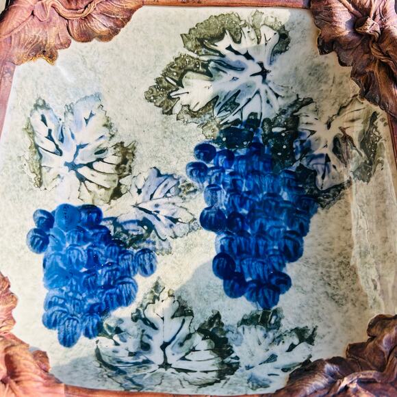 Vintage Ellen Evans Terrafirma Studio Art Pottery Platter w/ Grape & Leaf Relief - Picture 9 of 13